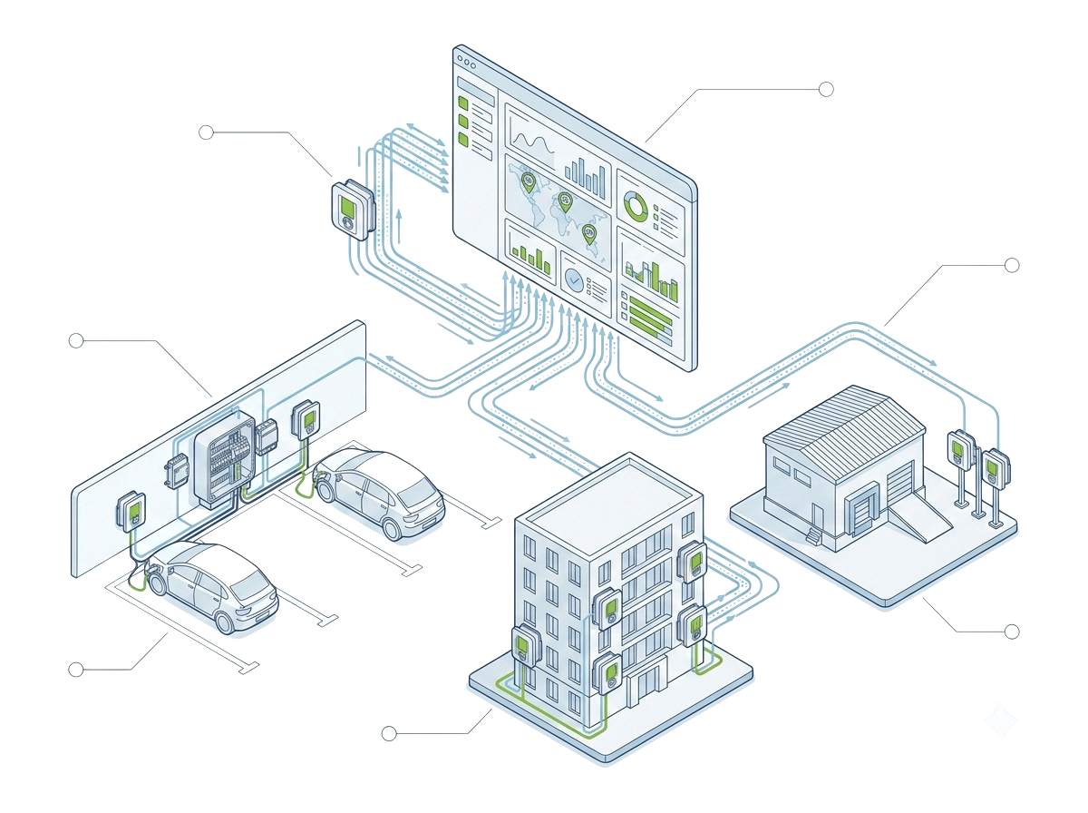 Schéma du portail de supervision Borne Recharge Service, connecté aux bornes en copropriété, en entreprise et en habitat individuel